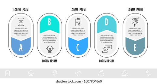 Vector infographics arrows with 5 labels. Line flat template. Can be used for five diagrams, web, banner, flowchart, info graph, content, levels, chart, processes diagram. Step by step.