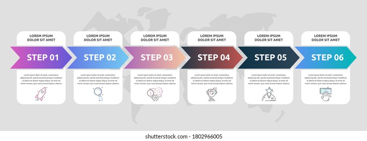 Vector infographics arrows with 6 successive steps, labels. Six colorful rectangular elements. Can be used for diagram, business, web, banner, workflow layout, presentations, info graph, levels, chart
