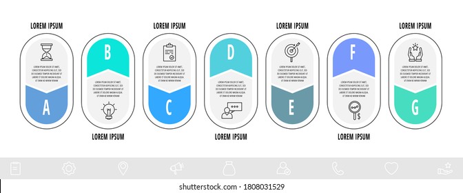 Vector infographics arrows with 7 labels. Line flat template. Can be used for seven diagrams, business, web, banner, workflow layout, presentations, flowchart, chart, processes diagram. Step by step.