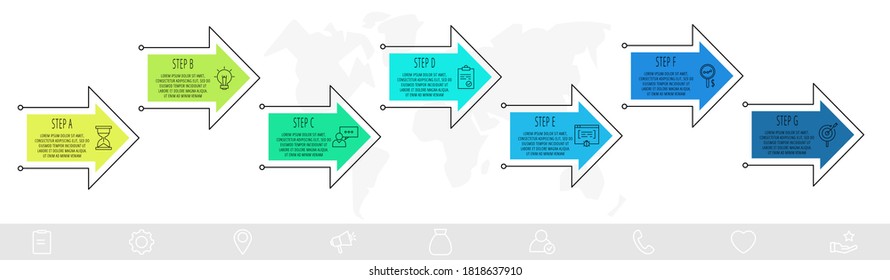Flechas de infografía vectorial con 7 pasos, iconos. Se puede utilizar para diagrama, negocio, web, banner, diseño de flujo de trabajo, diagrama de flujo, gráfico de información, línea de tiempo, contenido, niveles, gráfico, diagrama de procesos