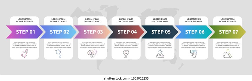 Vector infographics arrows with 7 successive steps, labels. Seven colorful rectangular elements. Can be used for diagram, business, web, banner, info graph, content, levels, chart. Data visualization.