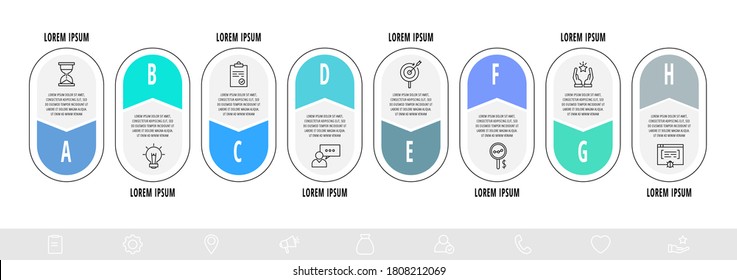 Vector infographics arrows with 8 labels. Line flat template. Can be used for eight diagrams, banner, workflow layout, flowchart, info graph, timeline, content, levels, chart, processes diagram