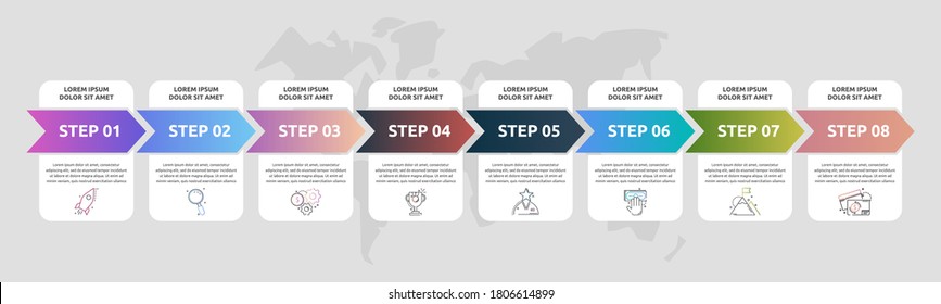 Flechas de infografía vectorial con 8 pasos sucesivos, etiquetas. Se puede utilizar para diagrama, negocio, diseño de flujo de trabajo, presentaciones, diagrama de flujo, gráfico de información, niveles, gráfico, diagrama de procesos