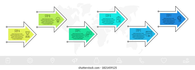 Vector infographics arrows with six steps, icons. Can be used for diagram, business, workflow layout, presentations, flowchart, info graph, timeline, content, levels, chart, processes diagram