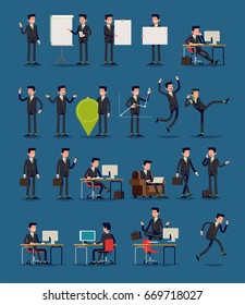 Vector infographics business spokesman character poses set featuring greeting with hand, shrugging, pointing finger, holding location pin, working in office, sitting in armchair, walking and more.