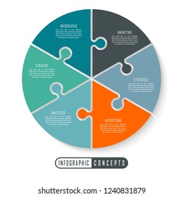 Vector infographics circle puzzle template for chart, diagram, web design, presentation, workflow layout. Business concept with 6 options, parts, steps or processes