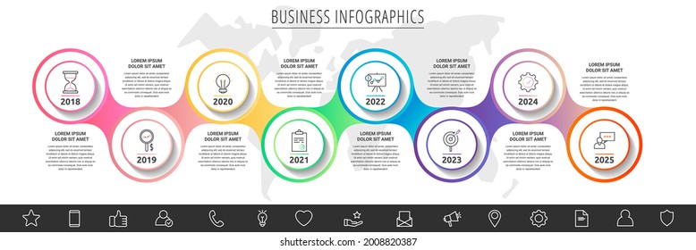 Vector infographics circles. Business concept of 8 options. Timeline step by step template with eight labels for diagram, web, banner, presentations, flowchart, content, levels, chart, graphic