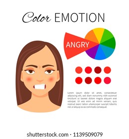 Vector infographics. Color and emotions. Influence of red color. Portrait of a girl with emotion.