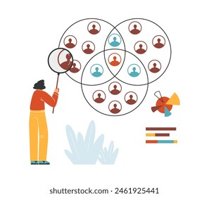 Vector infographics with d the marketer searches for interested users using a magnifying glass, a metaphor for purposeful search of the target audience