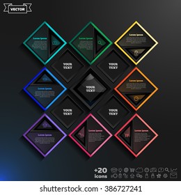 Vector infographics design with colorful rhombs on the black background. Business concept with 8 options, parts, steps. Can be used for graph, diagram, chart, workflow layout, number options, web.