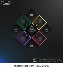 Vector infographics design with colorful rhombs on the black background. Business concept with 4 options, parts, steps. Can be used for graph, diagram, chart, workflow layout, number options, web.