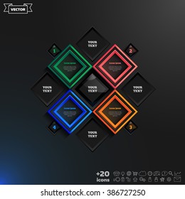 Vector infographics design with colorful rhombs on the black background. Business concept with 4 options, parts, steps. Can be used for graph, diagram, chart, workflow layout, number options, web.