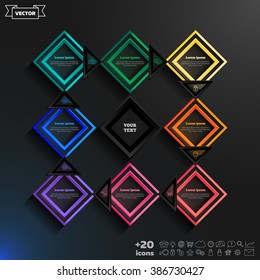Vector infographics design with colorful rhombs on the black background. Business concept with 8 options, parts, steps. Can be used for graph, diagram, chart, workflow layout, number options, web.