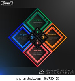 Vector infographics design with colorful rhombs on the black background. Business concept with 4 options, parts, steps. Can be used for graph, diagram, chart, workflow layout, number options, web.