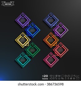 Vector infographics design with colorful rhombs on the black background. Business concept with 10 options, parts, steps. Can be used for graph, diagram, chart, workflow layout, number options, web.