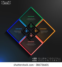 Vector infographics design with colorful rhombs on the black background. Business concept with 4 options, parts, steps. Can be used for graph, diagram, chart, workflow layout, number options, web.