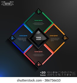 Vector infographics design with colorful rhombs on the black background. Business concept with 4 options, parts, steps. Can be used for graph, diagram, chart, workflow layout, number options, web.