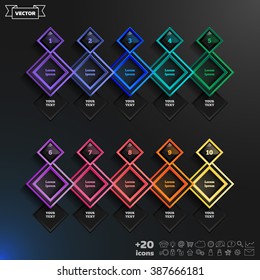 Vector infographics design with colorful rhombs on the black background. Business concept with 10 options, parts, steps. Can be used for graph, diagram, chart, workflow layout, number options, web.