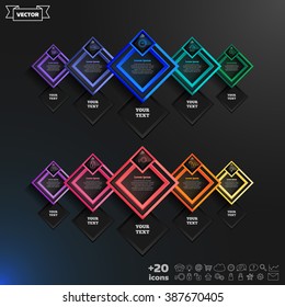 Vector infographics design with colorful rhombs on the black background. Business concept with 10 options, parts, steps. Can be used for graph, diagram, chart, workflow layout, number options, web.