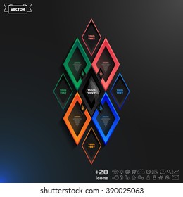 Vector infographics design with colorful rhombs on the black background. Business concept with 4 options, parts, steps. Can be used for graph, diagram, chart, workflow layout, number options, web.
