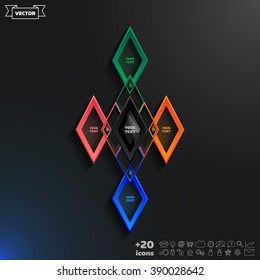 Vector infographics design with colorful rhombs on the black background. Business concept with 4 options, parts, steps. Can be used for graph, diagram, chart, workflow layout, number options, web.