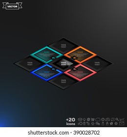 Vector infographics design with colorful rhombs on the black background. Business concept with 4 options, parts, steps. Can be used for graph, diagram, chart, workflow layout, number options, web.