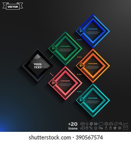 Vector infographics design with colorful rhombs on the black background. Business concept with 5 options, parts, steps. Can be used for graph, diagram, chart, workflow layout, number options, web.