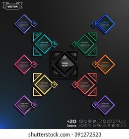 Vector infographics design with colorful rhombs on the black background. Business concept with 10 options, parts, steps. Can be used for graph, diagram, chart, workflow layout, number options, web.