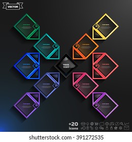 Vector infographics design with colorful rhombs on the black background. Business concept with 10 options, parts, steps. Can be used for graph, diagram, chart, workflow layout, number options, web.