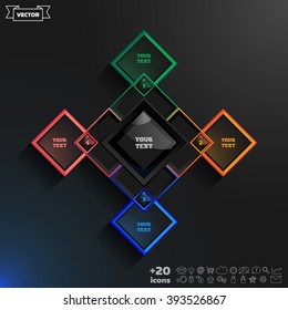 Vector infographics design with colorful rhombs on the black background. Business concept with 4 options, parts, steps. Can be used for graph, diagram, chart, workflow layout, number options, web.