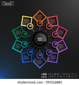 Vector infographics design with colorful rhombs on the black background. Business concept with 10 options, parts, steps. Can be used for graph, diagram, chart, workflow layout, number options, web.
