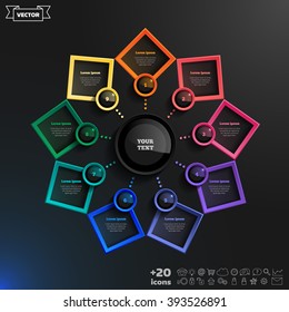 Vector infographics design with colorful rhombs on the black background. Business concept with 9 options, parts, steps. Can be used for graph, diagram, chart, workflow layout, number options, web.