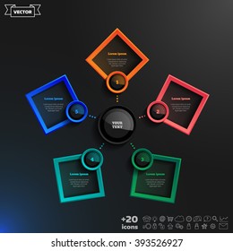 Vector infographics design with colorful rhombs on the black background. Business concept with 5 options, parts, steps. Can be used for graph, diagram, chart, workflow layout, number options, web.