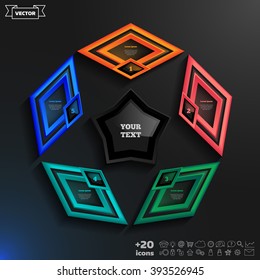 Vector infographics design with colorful rhombs on the black background. Business concept with 5 options, parts, steps. Can be used for graph, diagram, chart, workflow layout, number options, web.