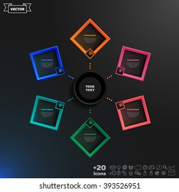 Vector infographics design with colorful rhombs on the black background. Business concept with 6 options, parts, steps. Can be used for graph, diagram, chart, workflow layout, number options, web.