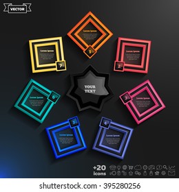 Vector infographics design with colorful rhombs on the black background. Business concept with 7 options, parts, steps. Can be used for graph, diagram, chart, workflow layout, number options, web.
