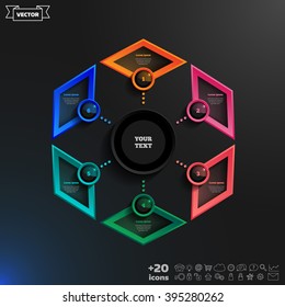Vector infographics design with colorful rhombs on the black background. Business concept with 6 options, parts, steps. Can be used for graph, diagram, chart, workflow layout, number options, web.