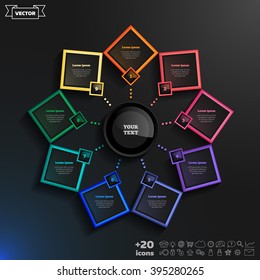 Vector infographics design with colorful rhombs on the black background. Business concept with 9 options, parts, steps. Can be used for graph, diagram, chart, workflow layout, number options, web.