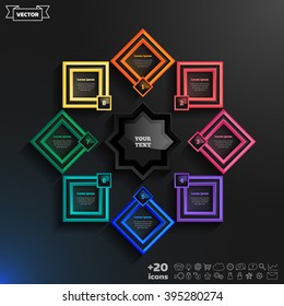 Vector infographics design with colorful rhombs on the black background. Business concept with 8 options, parts, steps. Can be used for graph, diagram, chart, workflow layout, number options, web.