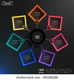 Vector infographics design with colorful rhombs on the black background. Business concept with 7 options, parts, steps. Can be used for graph, diagram, chart, workflow layout, number options, web.
