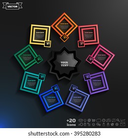Vector infographics design with colorful rhombs on the black background. Business concept with 9 options, parts, steps. Can be used for graph, diagram, chart, workflow layout, number options, web.