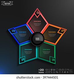 Vector infographics design with colorful rhombs on the black background. Business concept with 5 options, parts, steps. Can be used for graph, diagram, chart, workflow layout, number options, web.