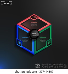 Vector infographics design with colorful rhombs on the black background. Business concept with 3 options, parts, steps. Can be used for graph, diagram, chart, workflow layout, number options, web.