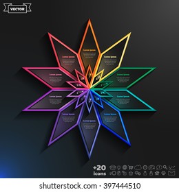 Vector infographics design with colorful rhombs on the black background. Business concept with 10 options, parts, steps. Can be used for graph, diagram, chart, workflow layout, number options, web.