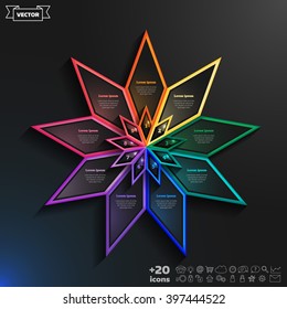 Vector infographics design with colorful rhombs on the black background. Business concept with 9 options, parts, steps. Can be used for graph, diagram, chart, workflow layout, number options, web.