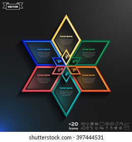 Vector infographics design with colorful rhombs on the black background. Business concept with 6 options, parts, steps. Can be used for graph, diagram, chart, workflow layout, number options, web.