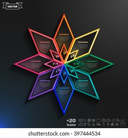 Vector infographics design with colorful rhombs on the black background. Business concept with 8 options, parts, steps. Can be used for graph, diagram, chart, workflow layout, number options, web.