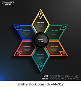 Vector infographics design with colorful rhombs on the black background. Business concept with 6 options, parts, steps. Can be used for graph, diagram, chart, workflow layout, number options, web.