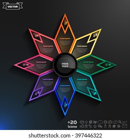 Vector infographics design with colorful rhombs on the black background. Business concept with 8 options, parts, steps. Can be used for graph, diagram, chart, workflow layout, number options, web.