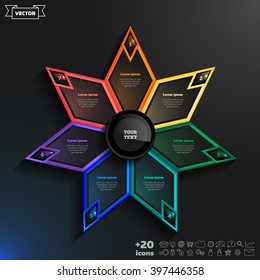 Vector infographics design with colorful rhombs on the black background. Business concept with 7 options, parts, steps. Can be used for graph, diagram, chart, workflow layout, number options, web.